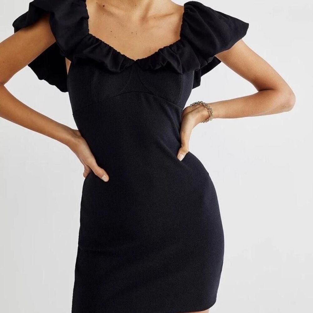 Free People | Talia Mini Dress Black Ruffled Puff Sleeve | FP Beach | Size Small
